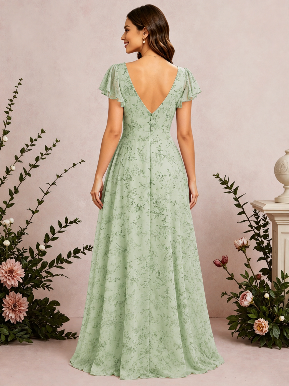 V-Neck Ruffles Sage Green Floral Chiffon Long Bridesmaid Dress with Side Slit