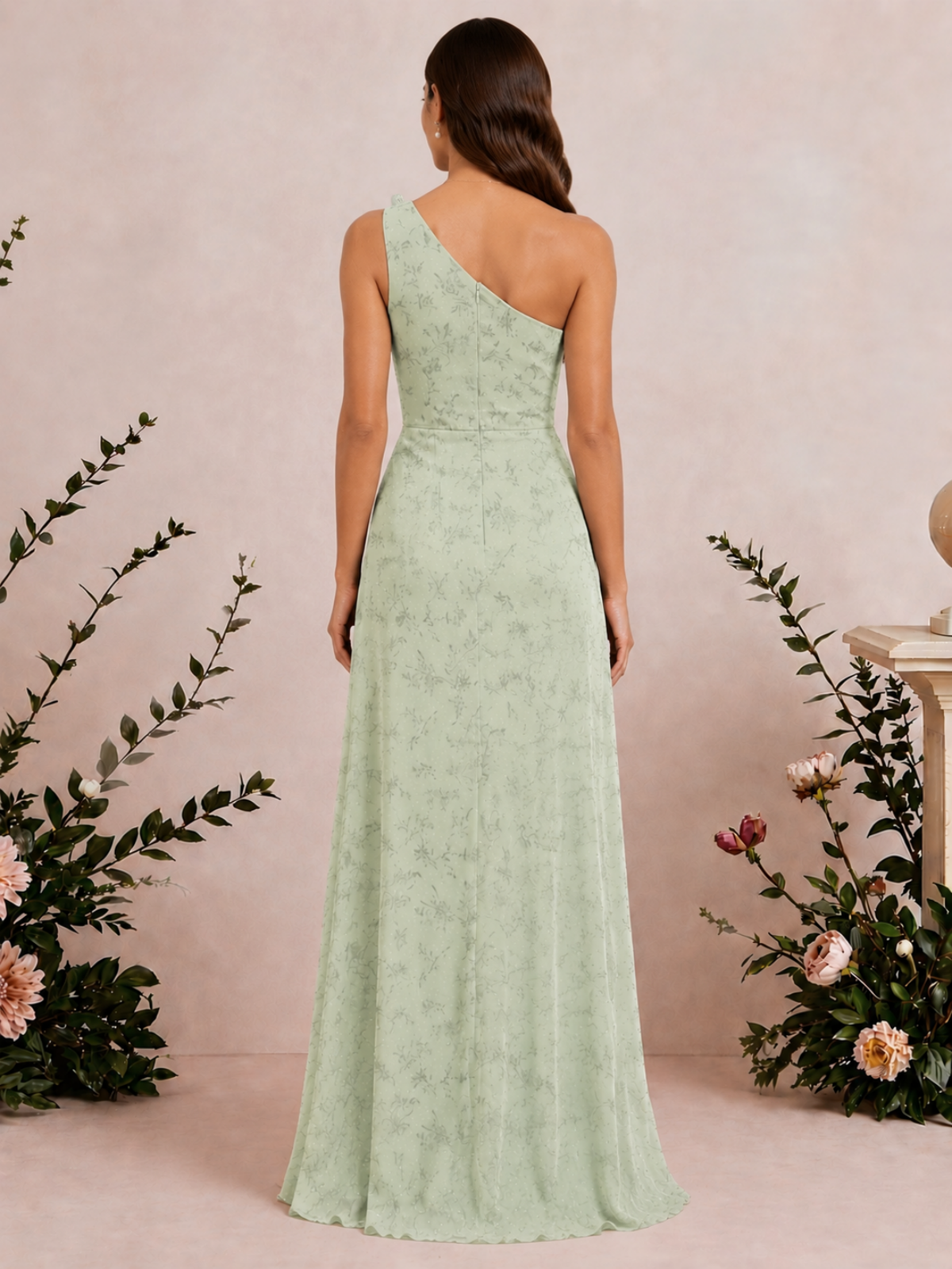 One Shoulder Pleated Sage Green Floral Chiffon Bridesmaid Dress with Slit