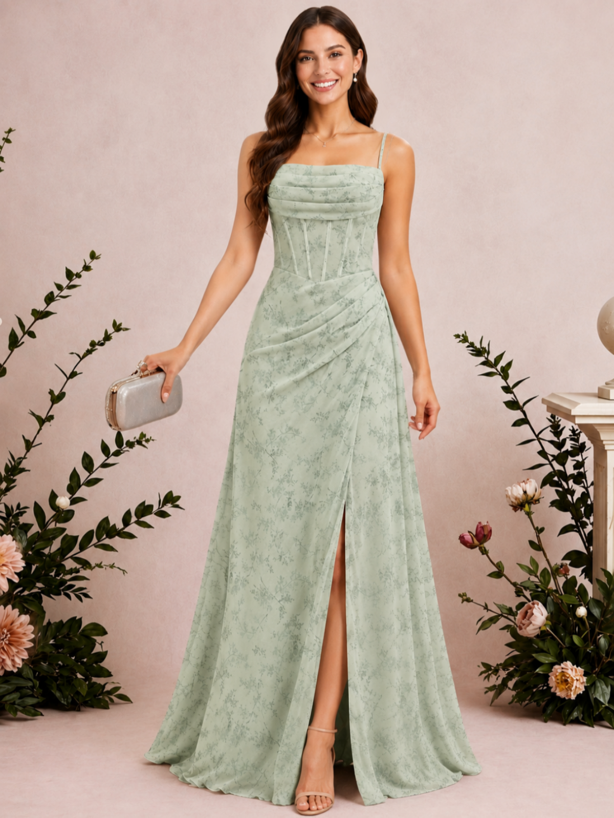 A-Line Spaghetti Strap Sage Green Floral Chiffon Bridesmaid Dress with Slit