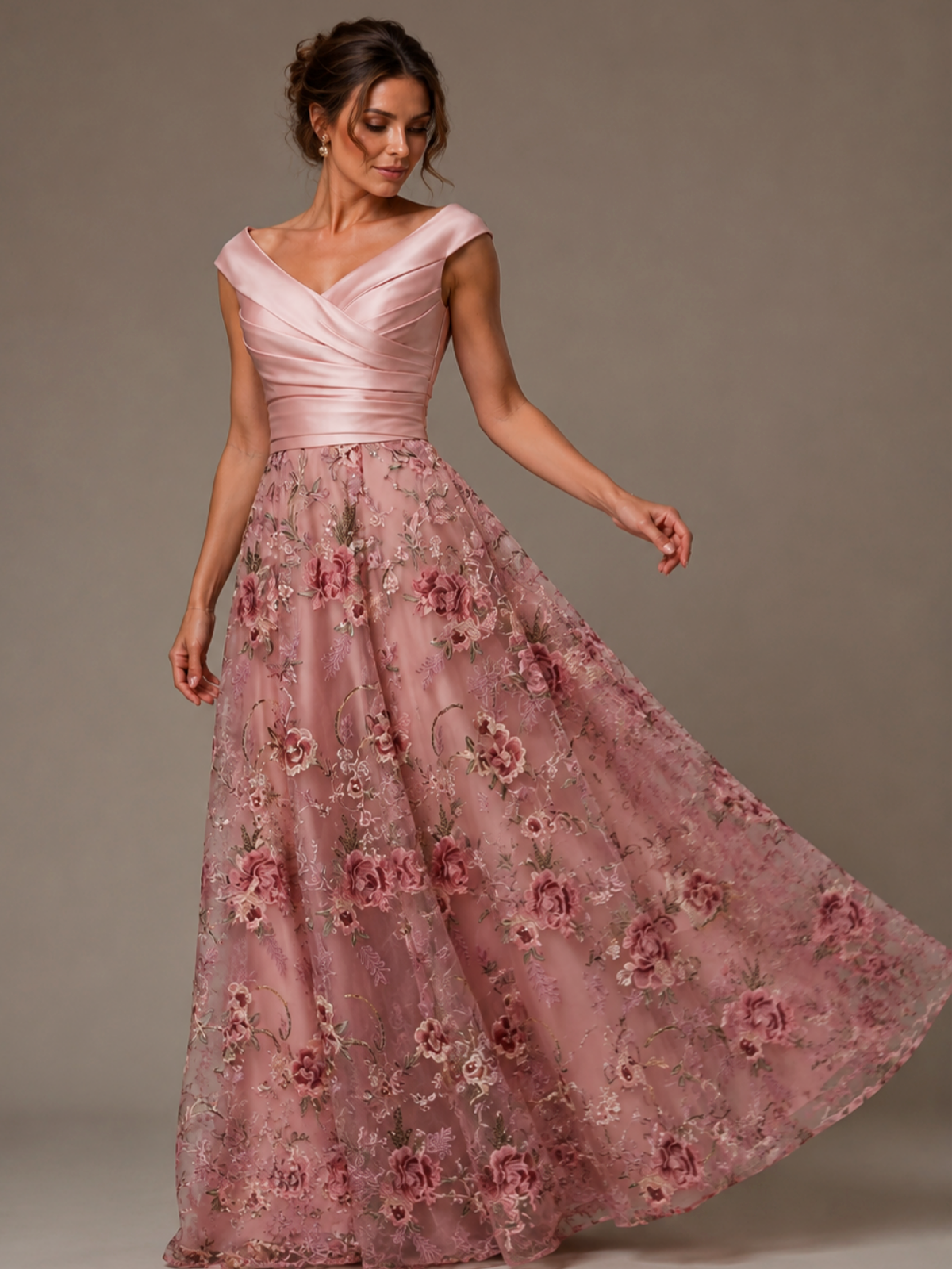 Off the Shoulder Blush Pink Floral Embroidery Satin Mother of The Bride Dress
