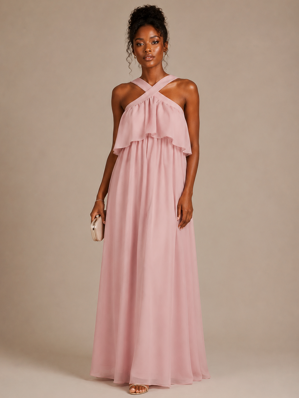 Blush Pink Halter Maxi Dress with Cross Neckline