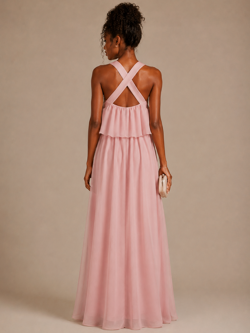 Blush Pink Halter Maxi Dress with Cross Neckline