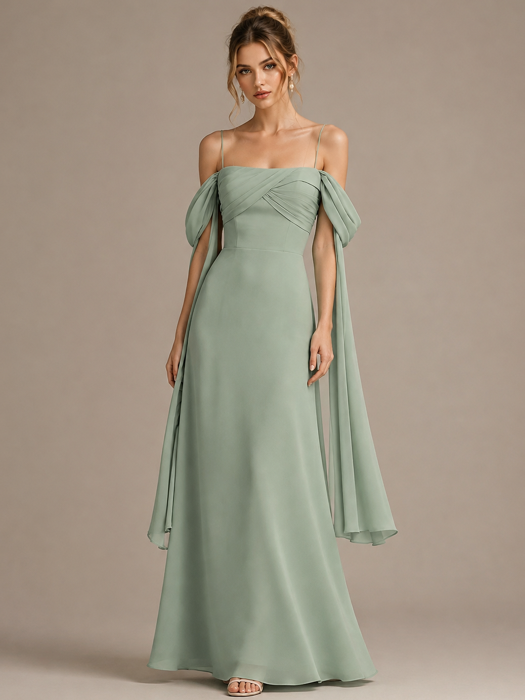 Sage Green Off Shoulder Maxi Dress with Draped Sleeves