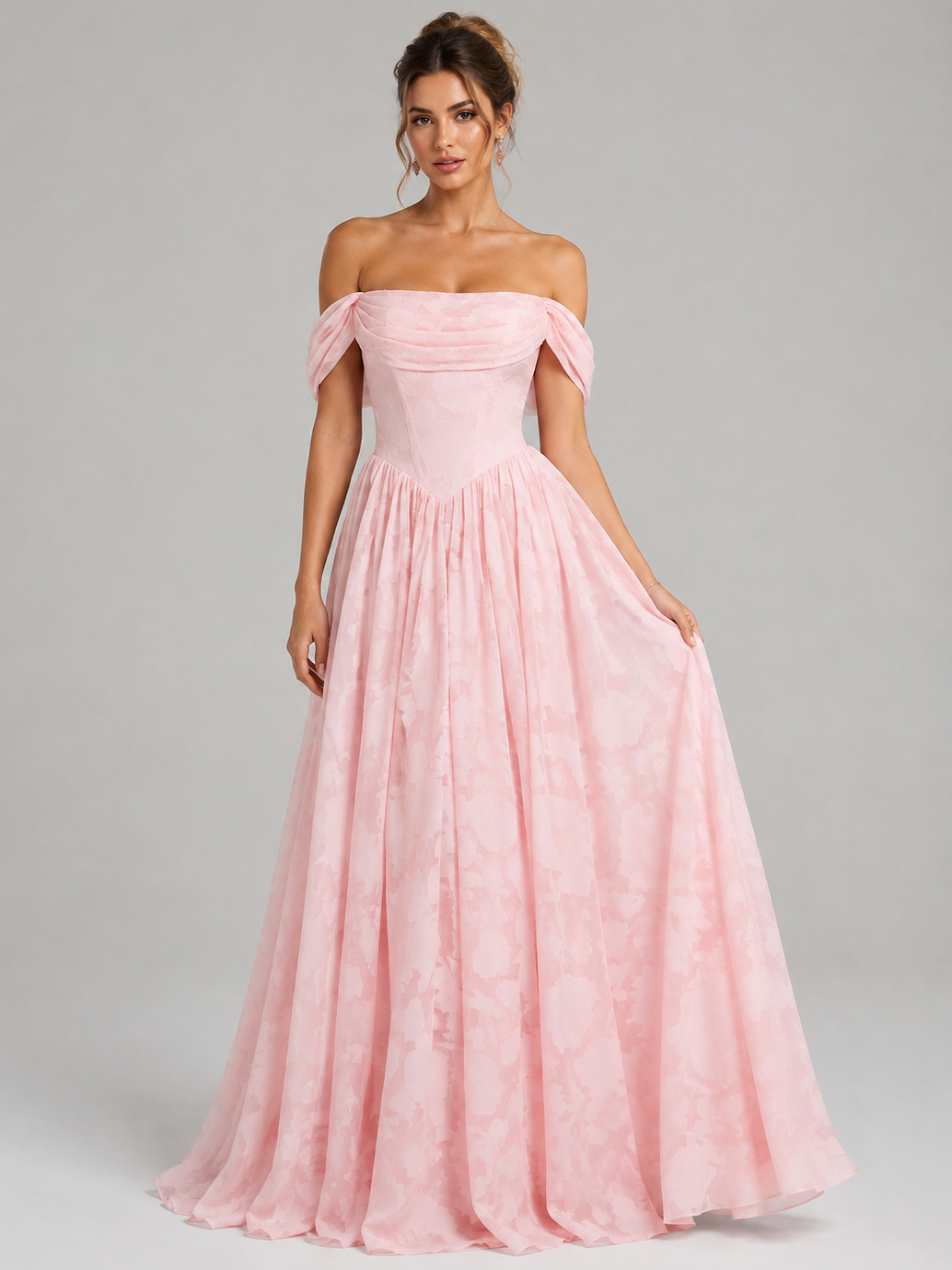 Blush Pink Off Shoulder Jacquard Maxi Dress