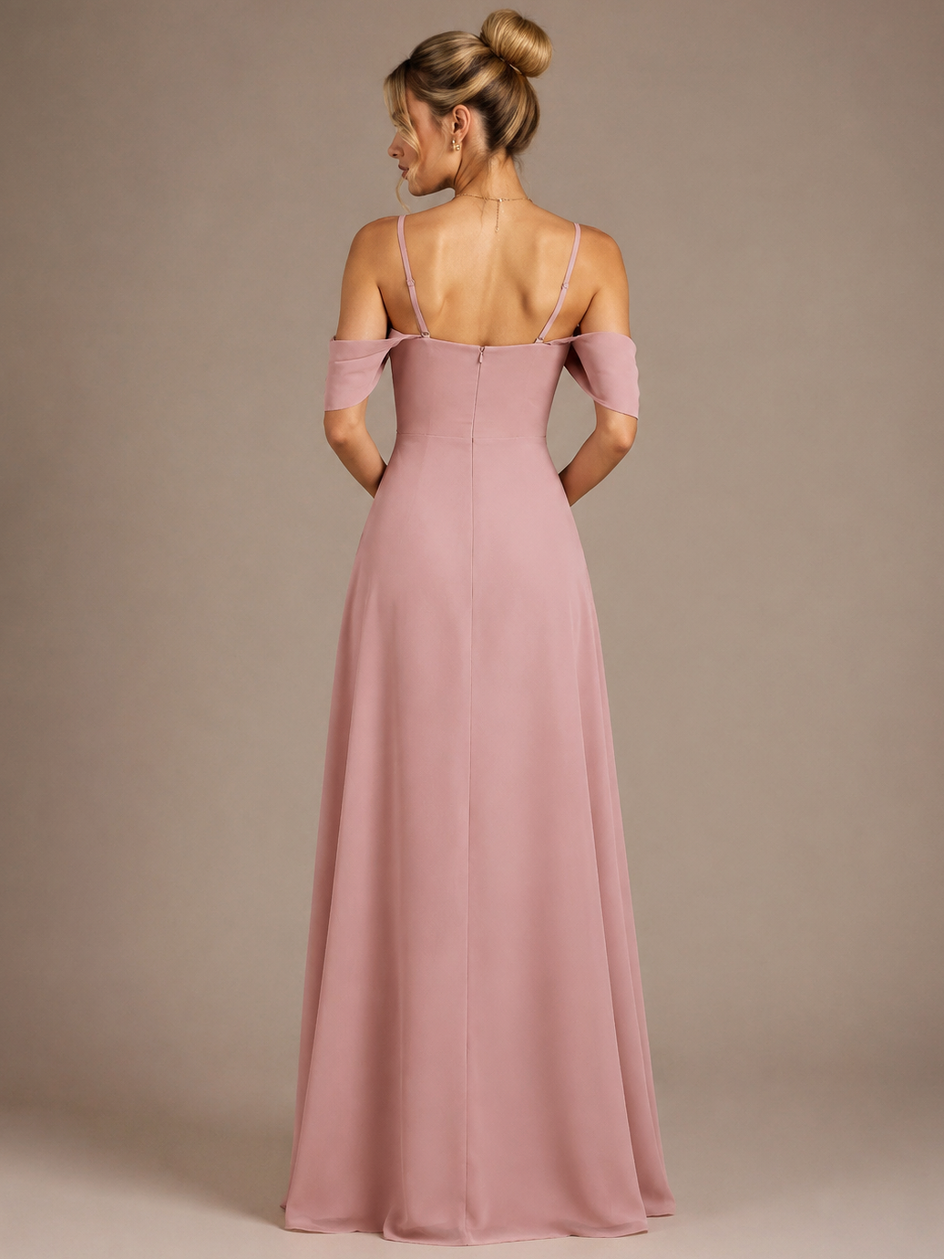 Dusty Rose Spaghetti Strap Maxi Dress with Ruffles Slit