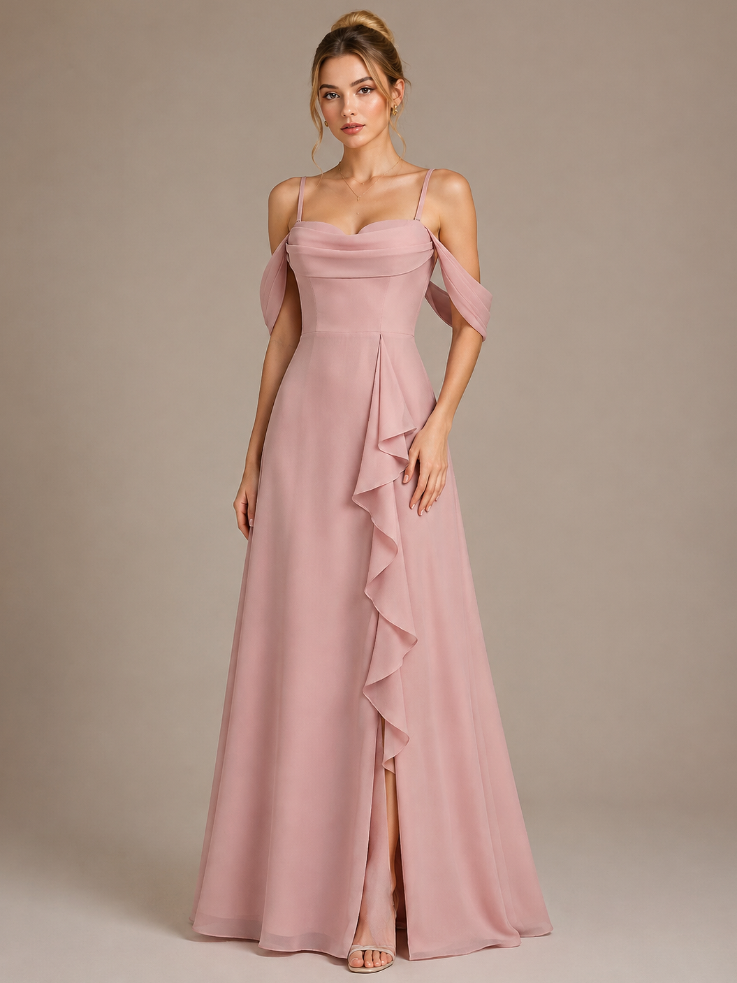 Dusty Rose Spaghetti Strap Maxi Dress with Ruffles Slit