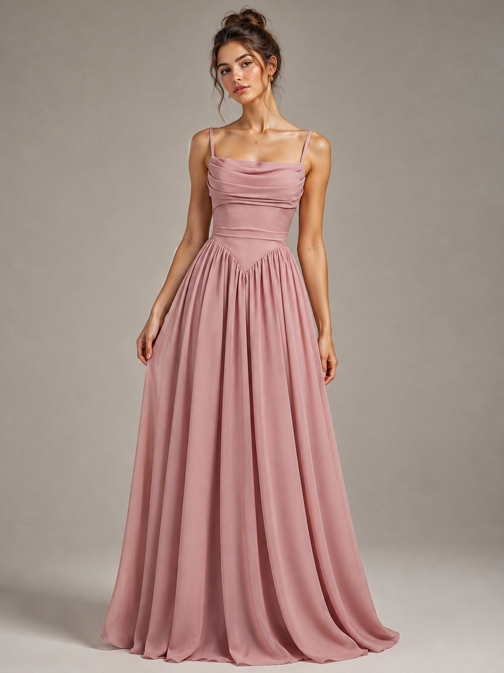 Dusty Rose Ruched Chiffon Maxi Dress with Backless