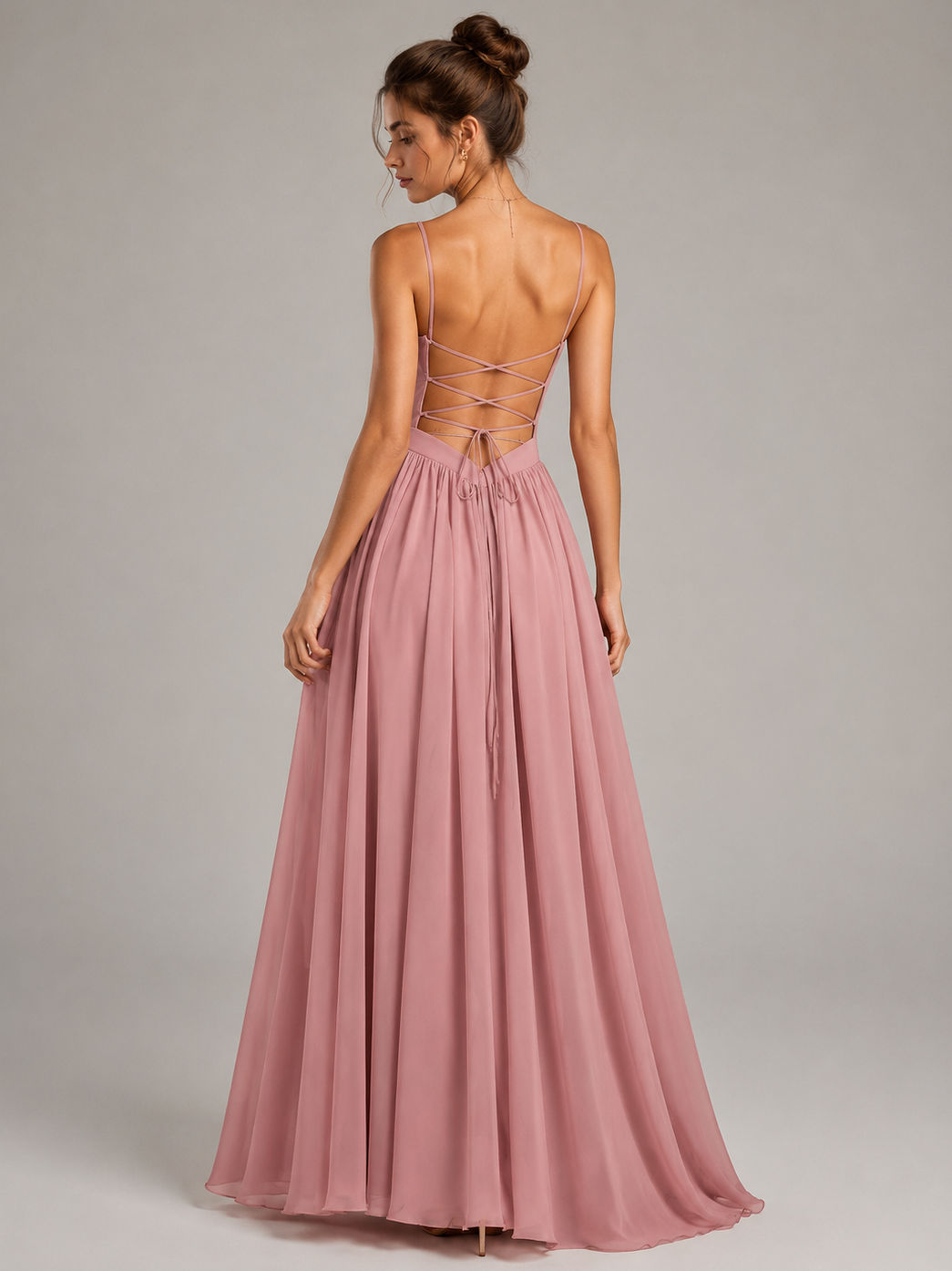 Dusty Rose Ruched Chiffon Maxi Dress with Backless