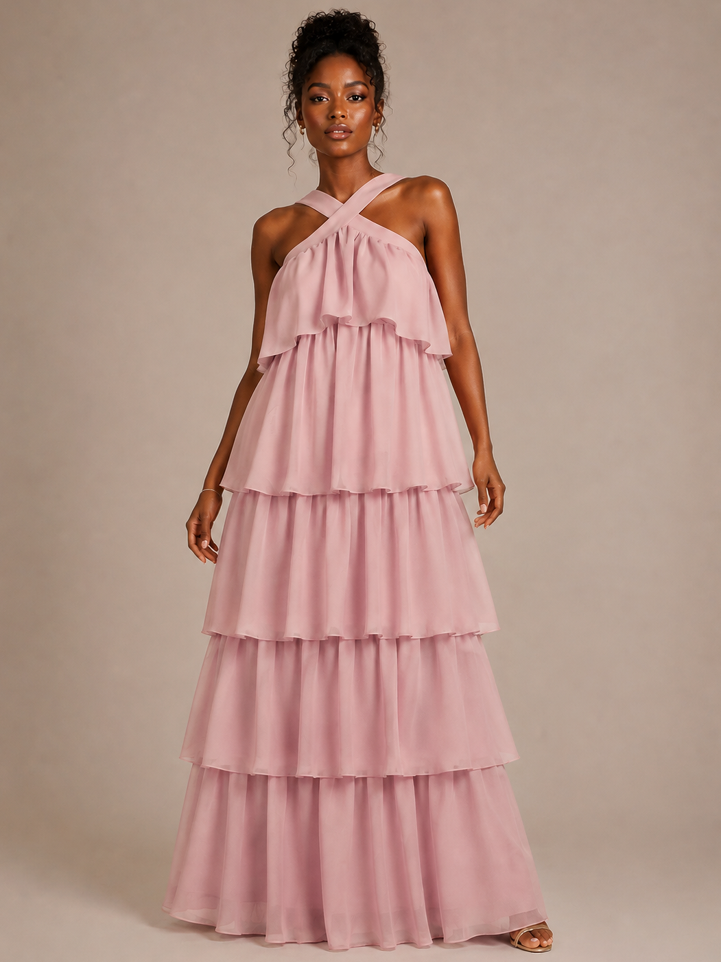 Blush Pink Halter Tiered Ruffles Maxi Dress