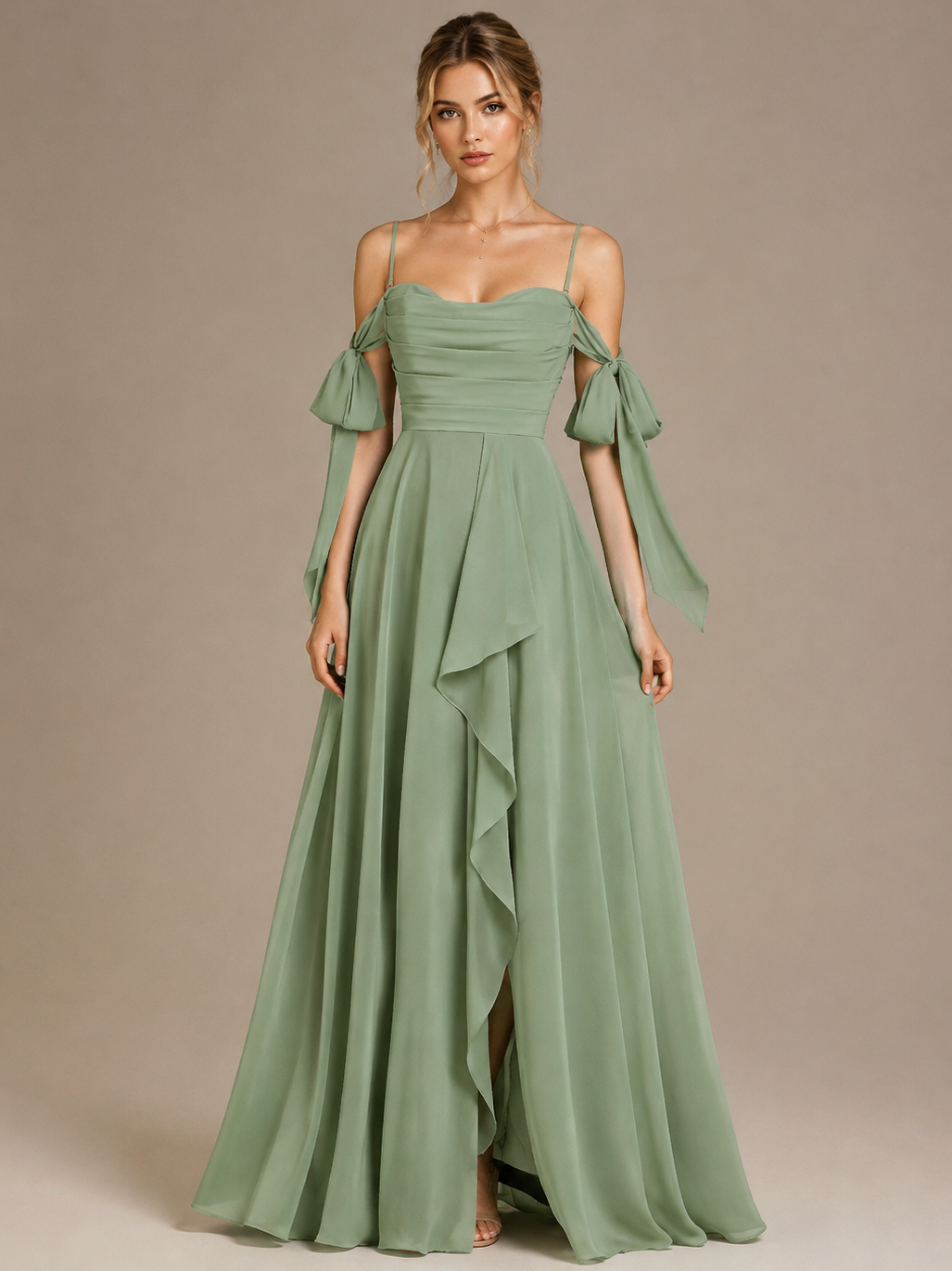 Sage Green A-Line Ruffles Maxi Dress with Slit