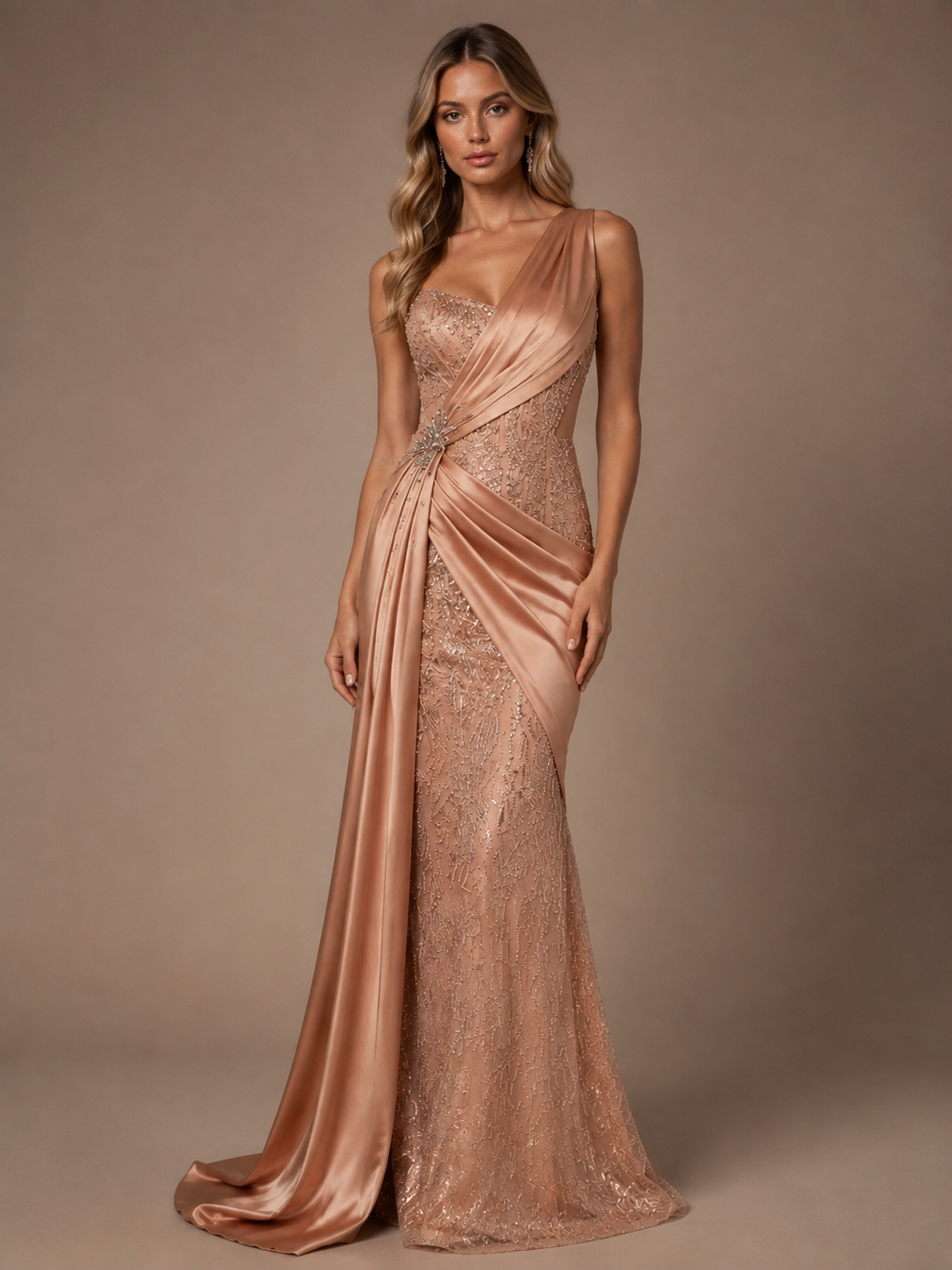 Champagne One Shoulder Sequin Satin Maxi Dress