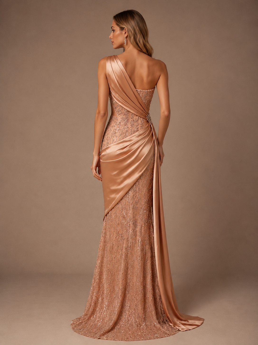 Champagne One Shoulder Sequin Satin Maxi Dress