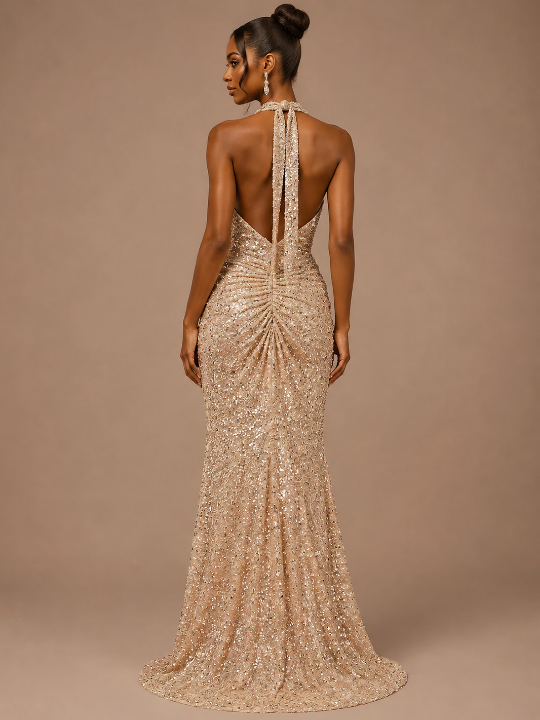 Champagne Halter Sparkly Sequin Prom Dress with Slit