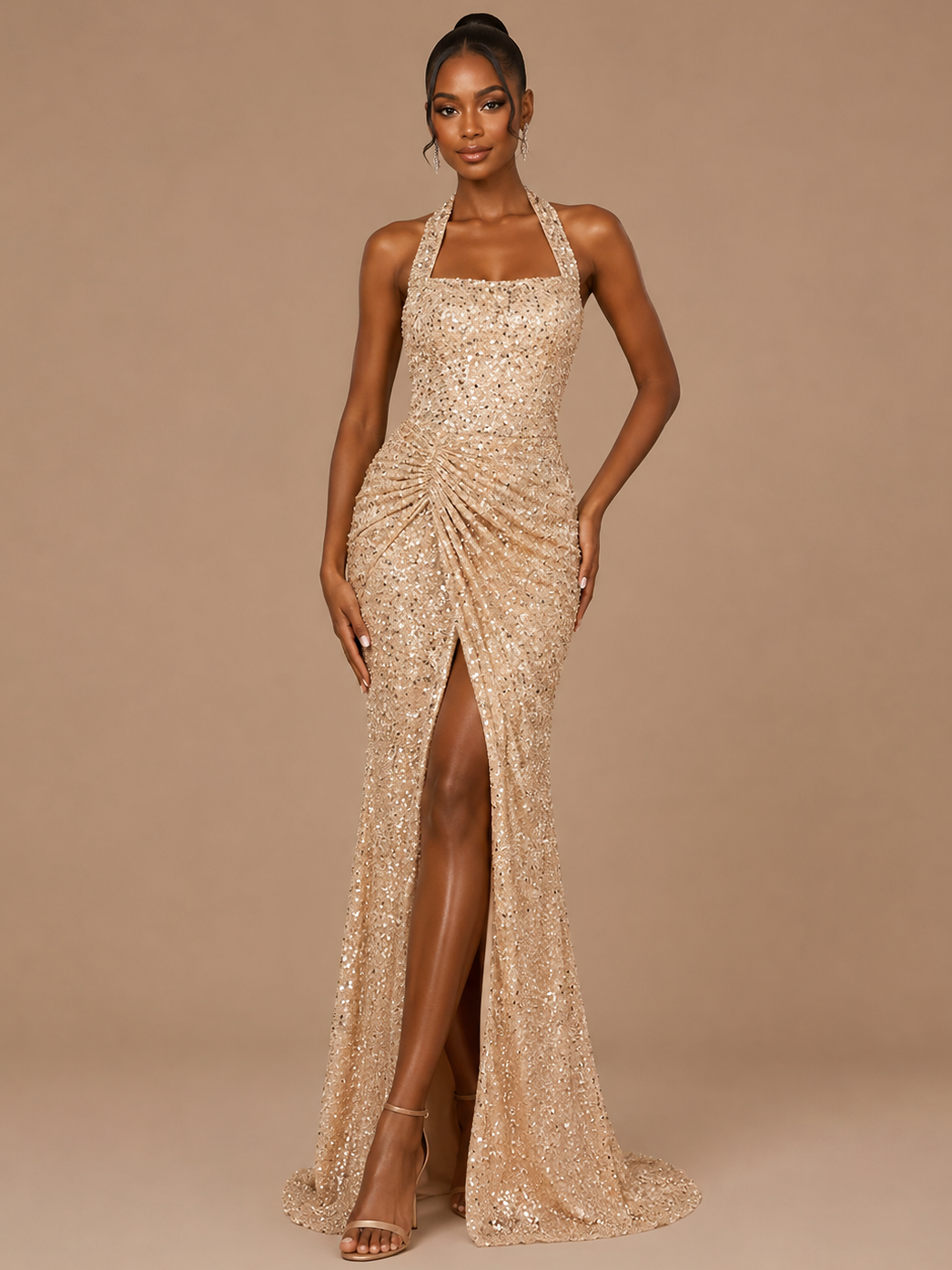 Champagne Halter Sparkly Sequin Prom Dress with Slit
