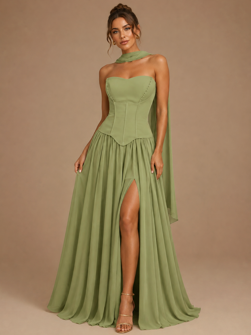 Sage Green Strapless Satin Prom Dress with Scarf