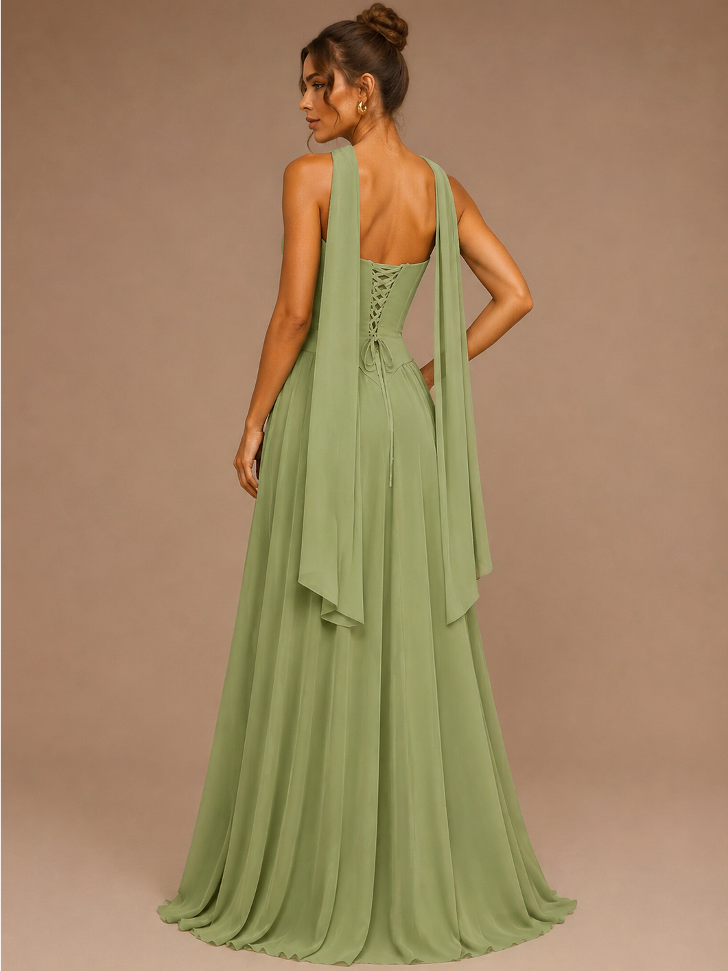Sage Green Strapless Satin Prom Dress with Scarf