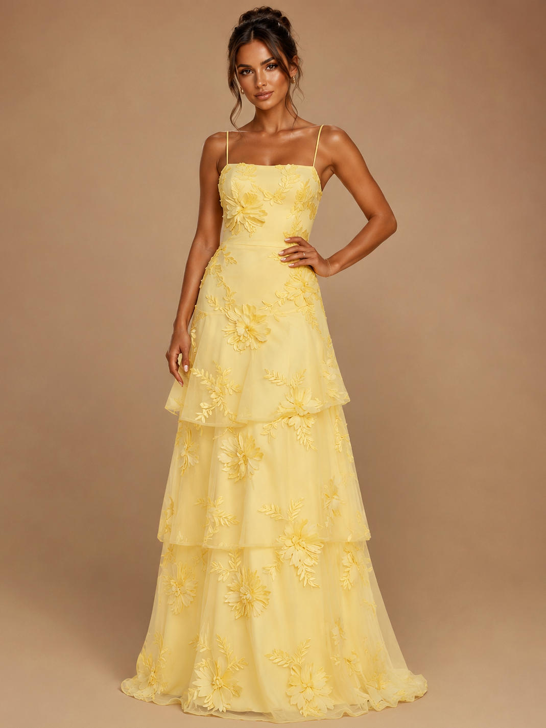 Yellow Tiered Ruffles Floral Embroidery Prom Dress