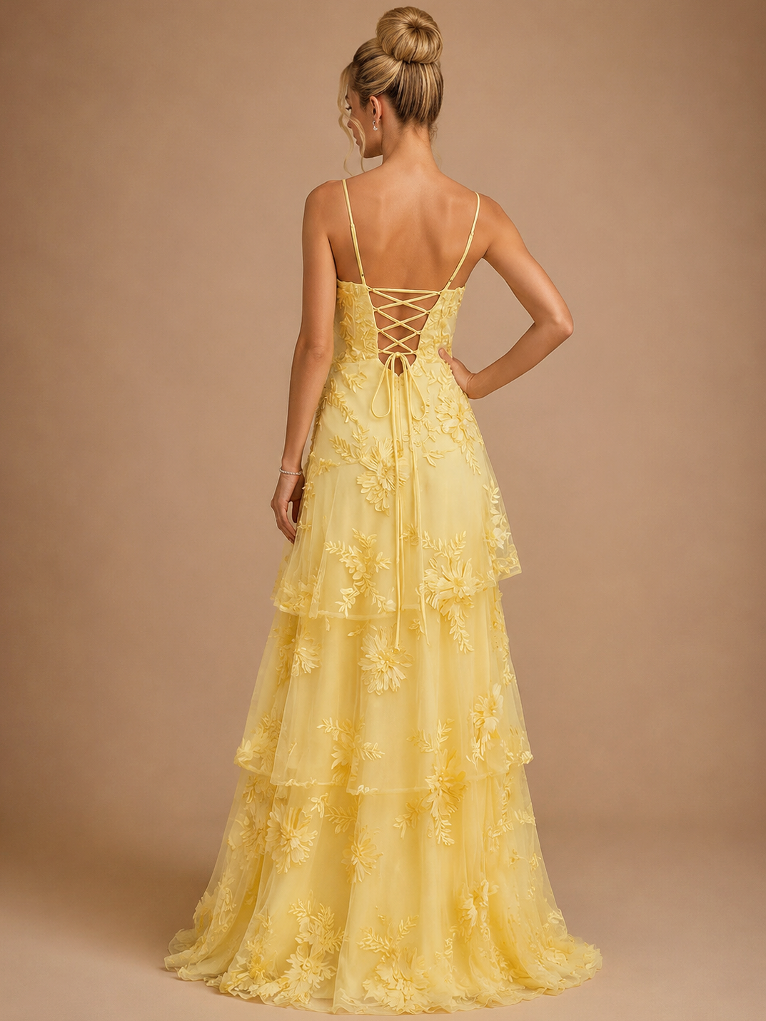 Yellow Tiered Ruffles Floral Embroidery Prom Dress