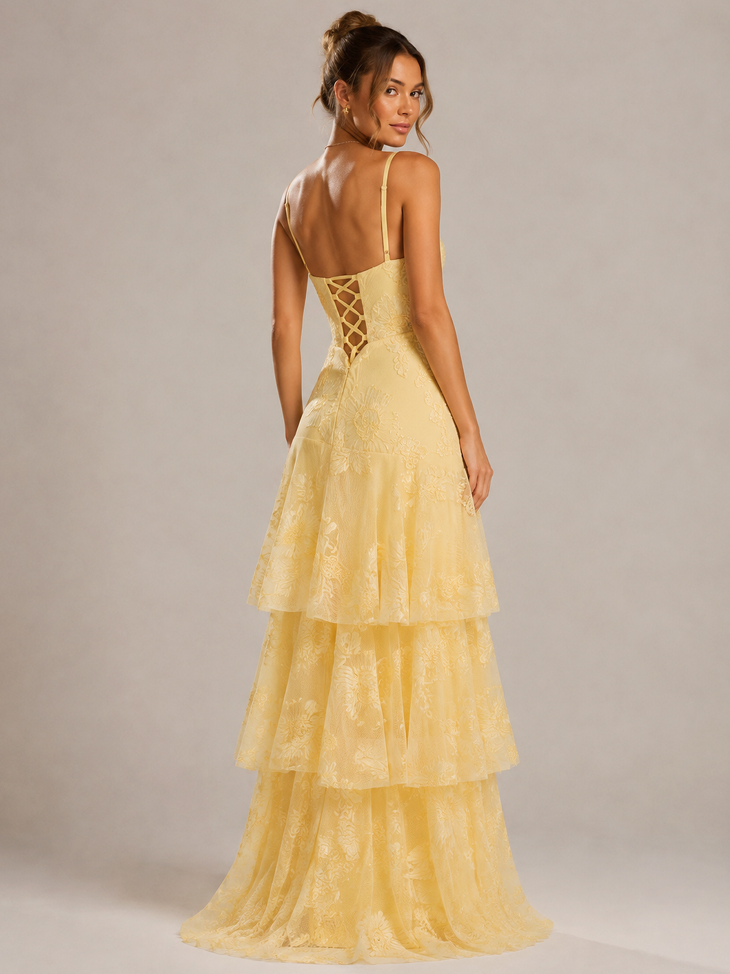 Yellow Tiered Ruffles Floral Embroidery Prom Dress