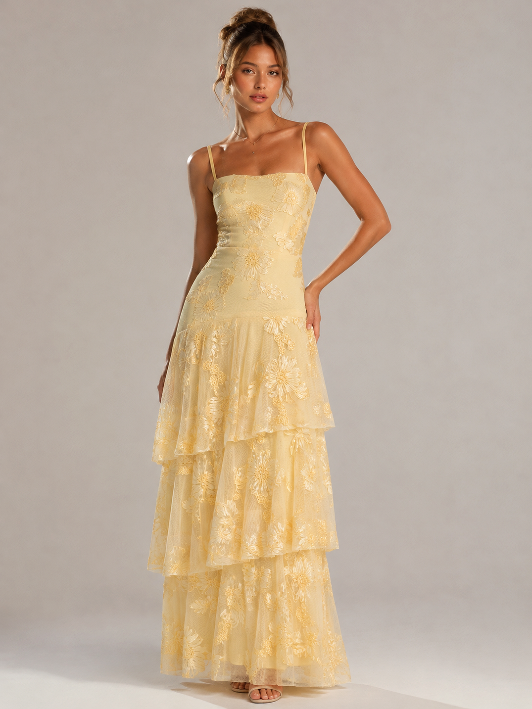 Yellow Tiered Ruffles Floral Embroidery Prom Dress
