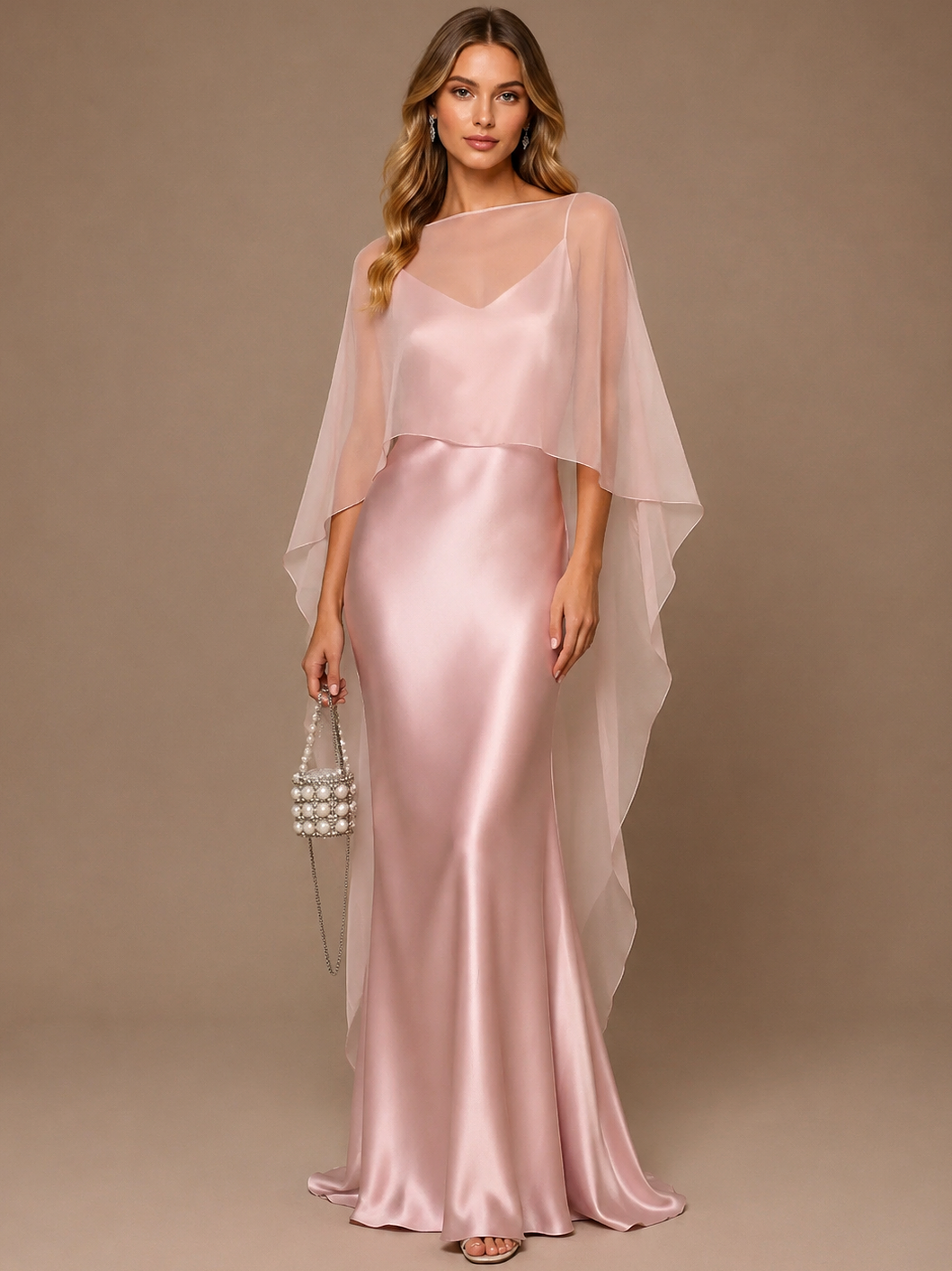 Blush Pink 2 Pieces V Neck Satin Maxi Dress