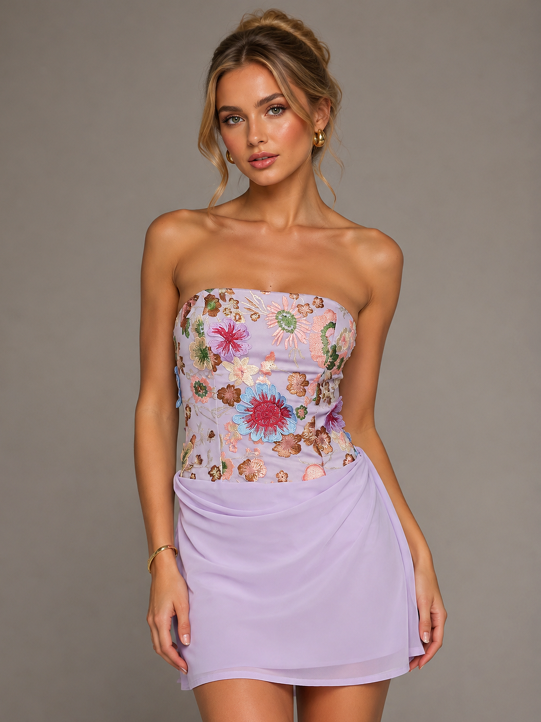 Lilac Floral Embroidery Ruched Mini Dress