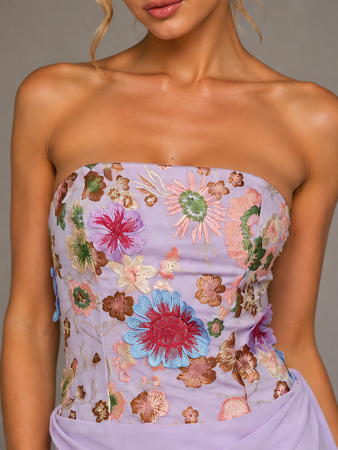 Lilac Floral Embroidery Ruched Mini Dress