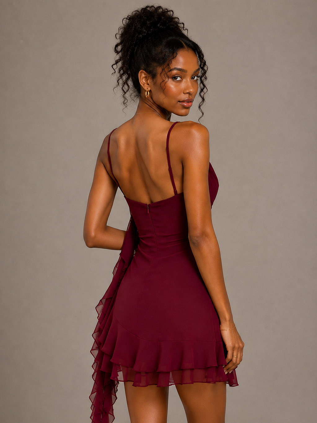 Burgundy Ruffled Chiffon Mini Dress with 3D Rose Detail