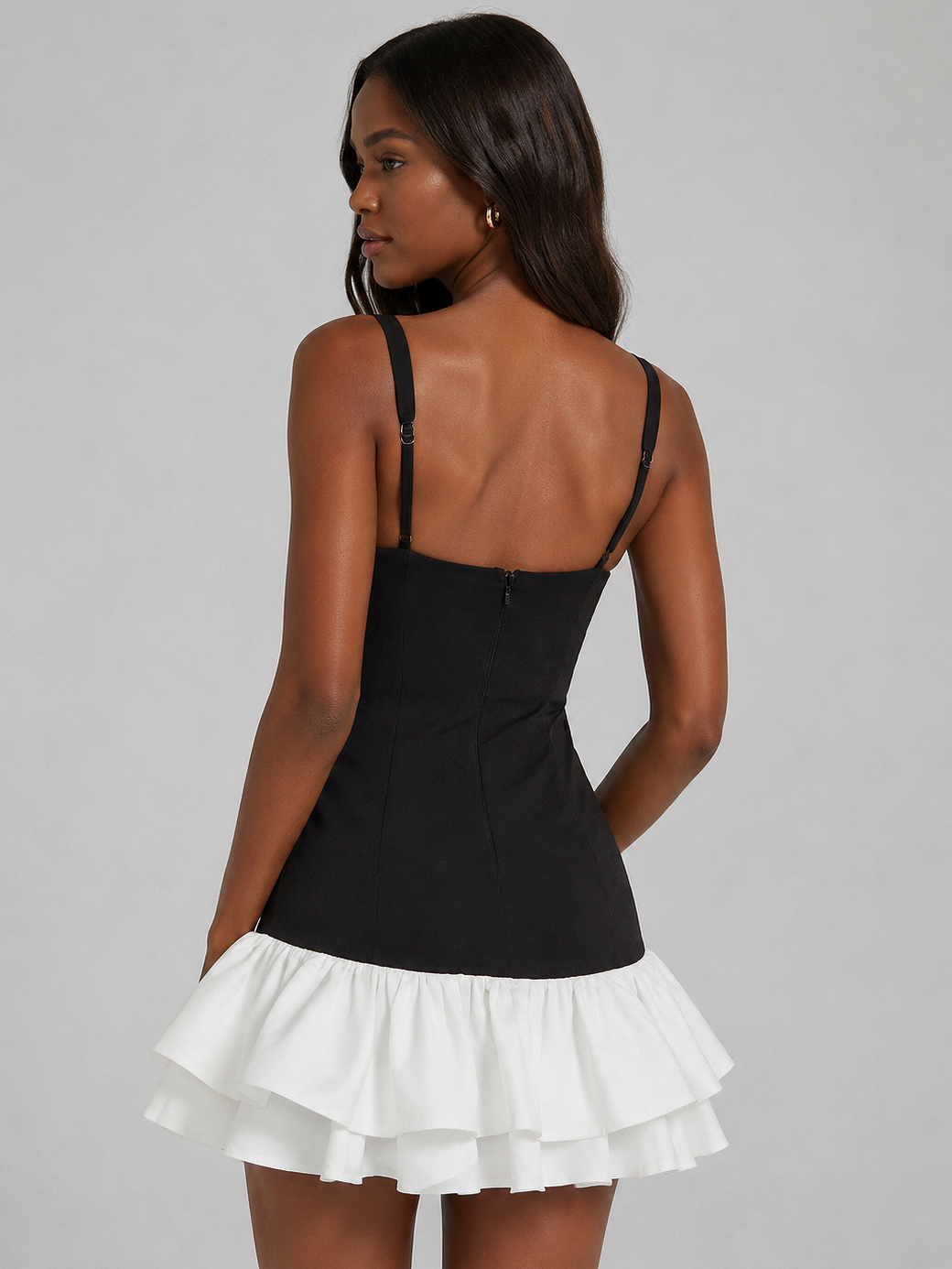 Black Ruffle Mini Dress with Square Neckline