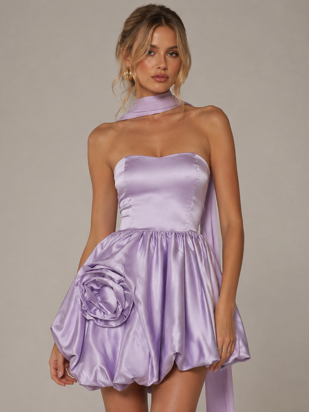 Lilac Satin Bubble Mini Dress with 3D Rose Detail