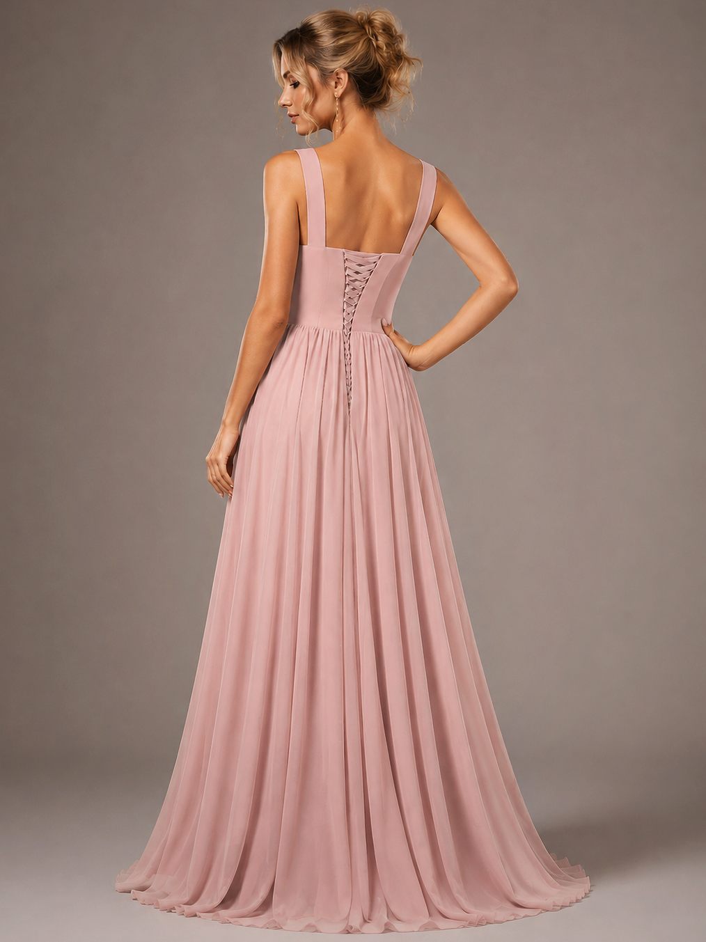 Blush Pink Square Neck Pleated Maxi Dress