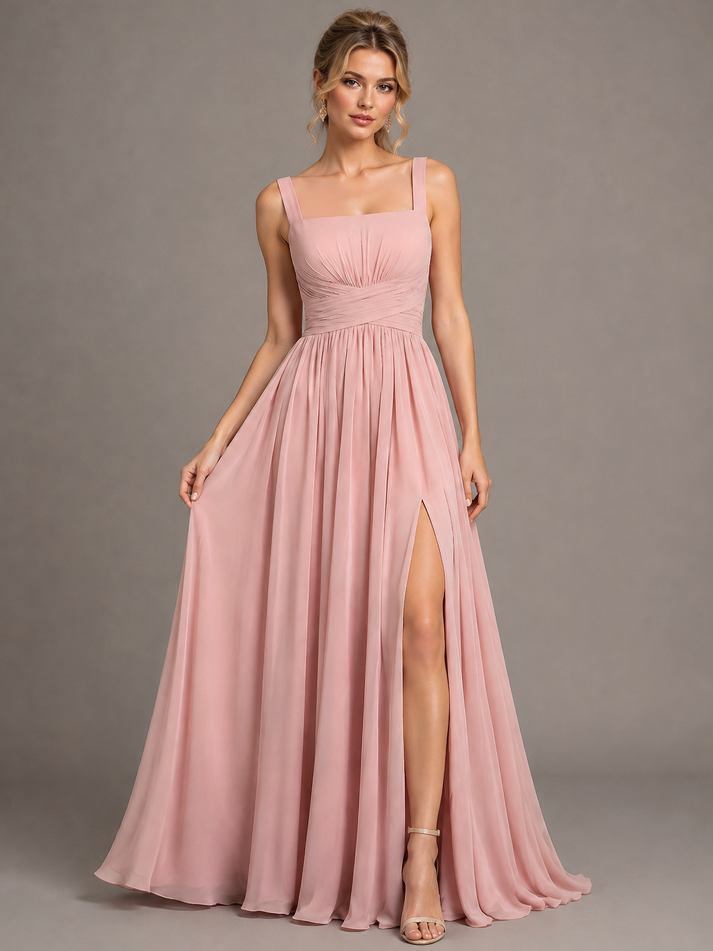 Blush Pink Square Neck Pleated Maxi Dress