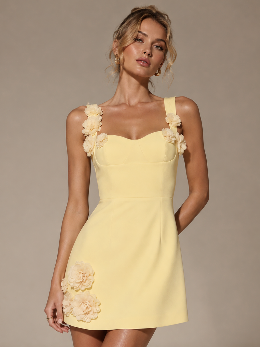 Yellow 3D Floral Applique Mini Dress with Sweetheart Neck
