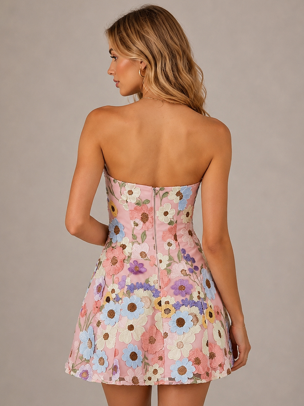 Pink Floral Applique Strapless Mini Dress