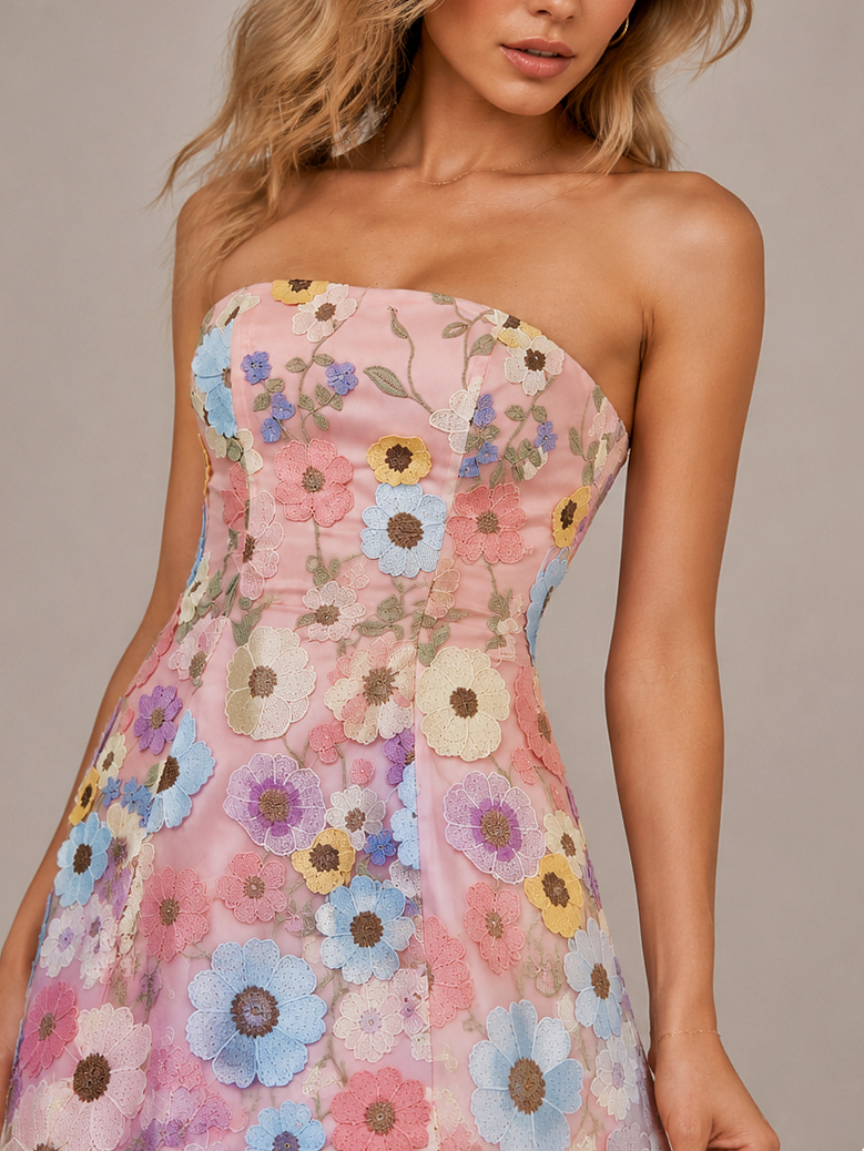 Pink Floral Applique Strapless Mini Dress