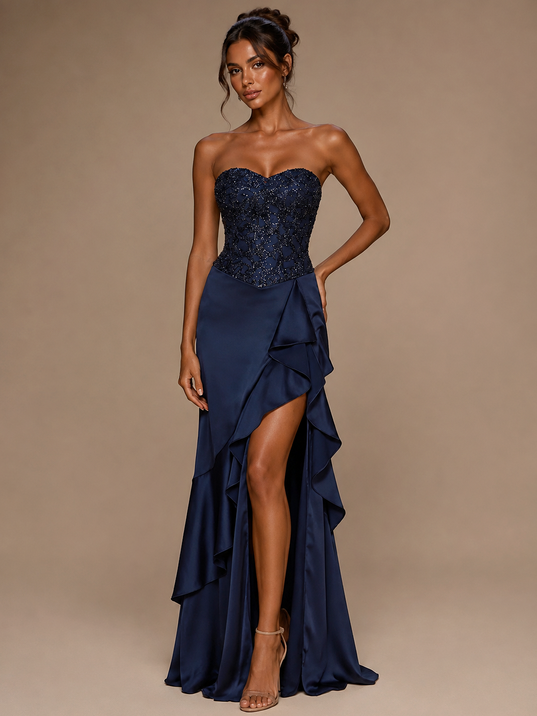 Navy Blue Strapless Applique Prom Dress with Ruffled Slit