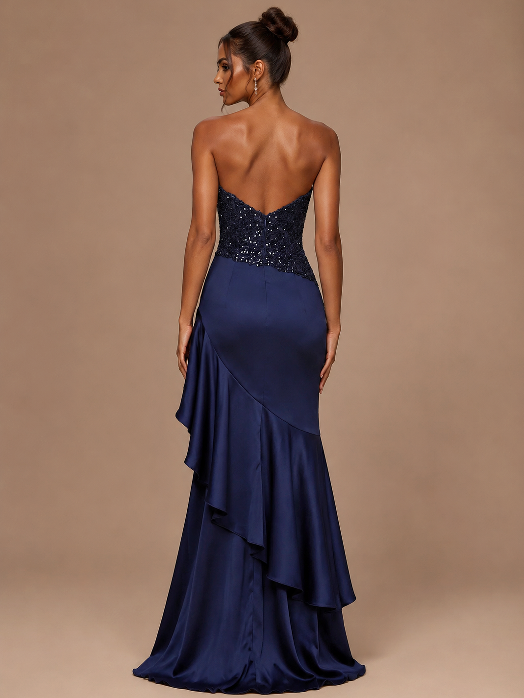 Navy Blue Strapless Applique Prom Dress with Ruffled Slit