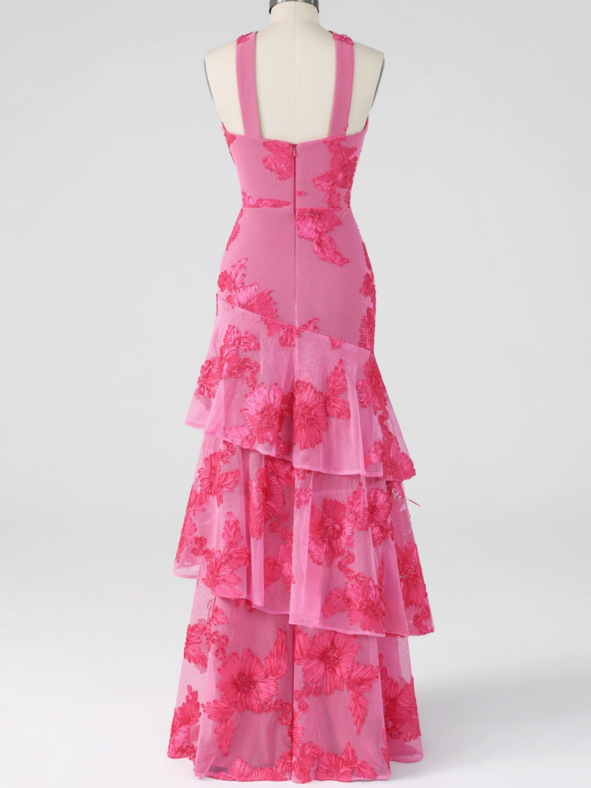 Hot Pink Halter Floral Applique Maxi Dress