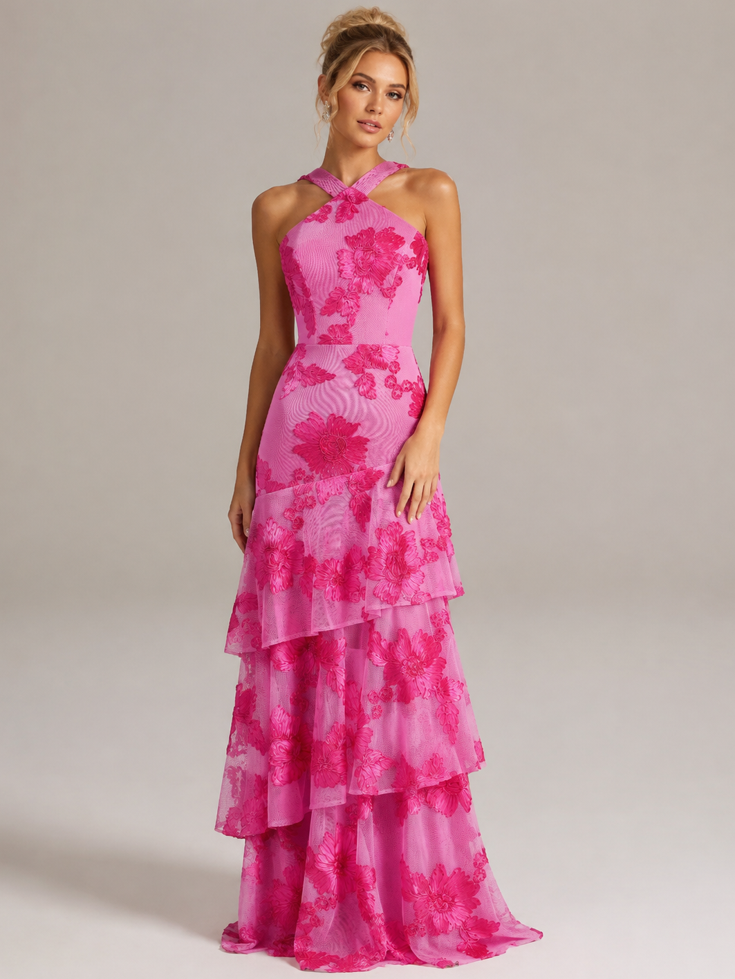 Hot Pink Halter Floral Applique Maxi Dress