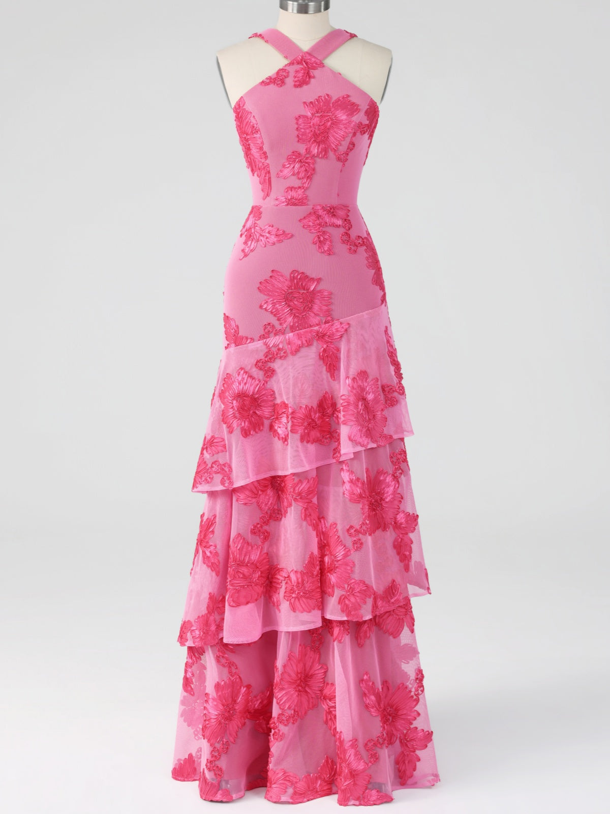 Hot Pink Halter Floral Applique Maxi Dress