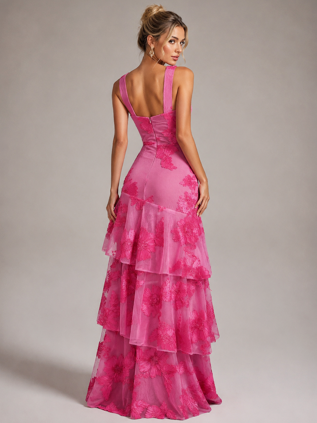 Hot Pink Halter Floral Applique Maxi Dress