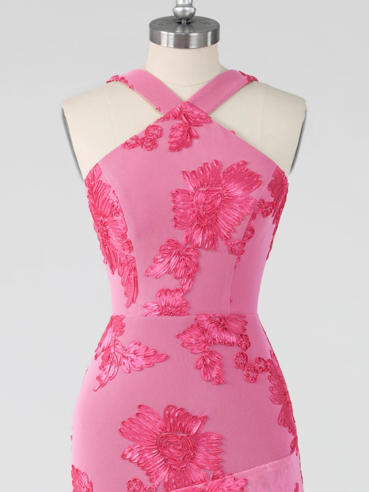 Hot Pink Halter Floral Applique Maxi Dress