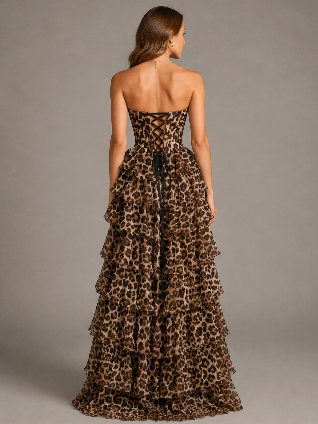 Leopard Print Tiered Ruffle Strapless Maxi Dress