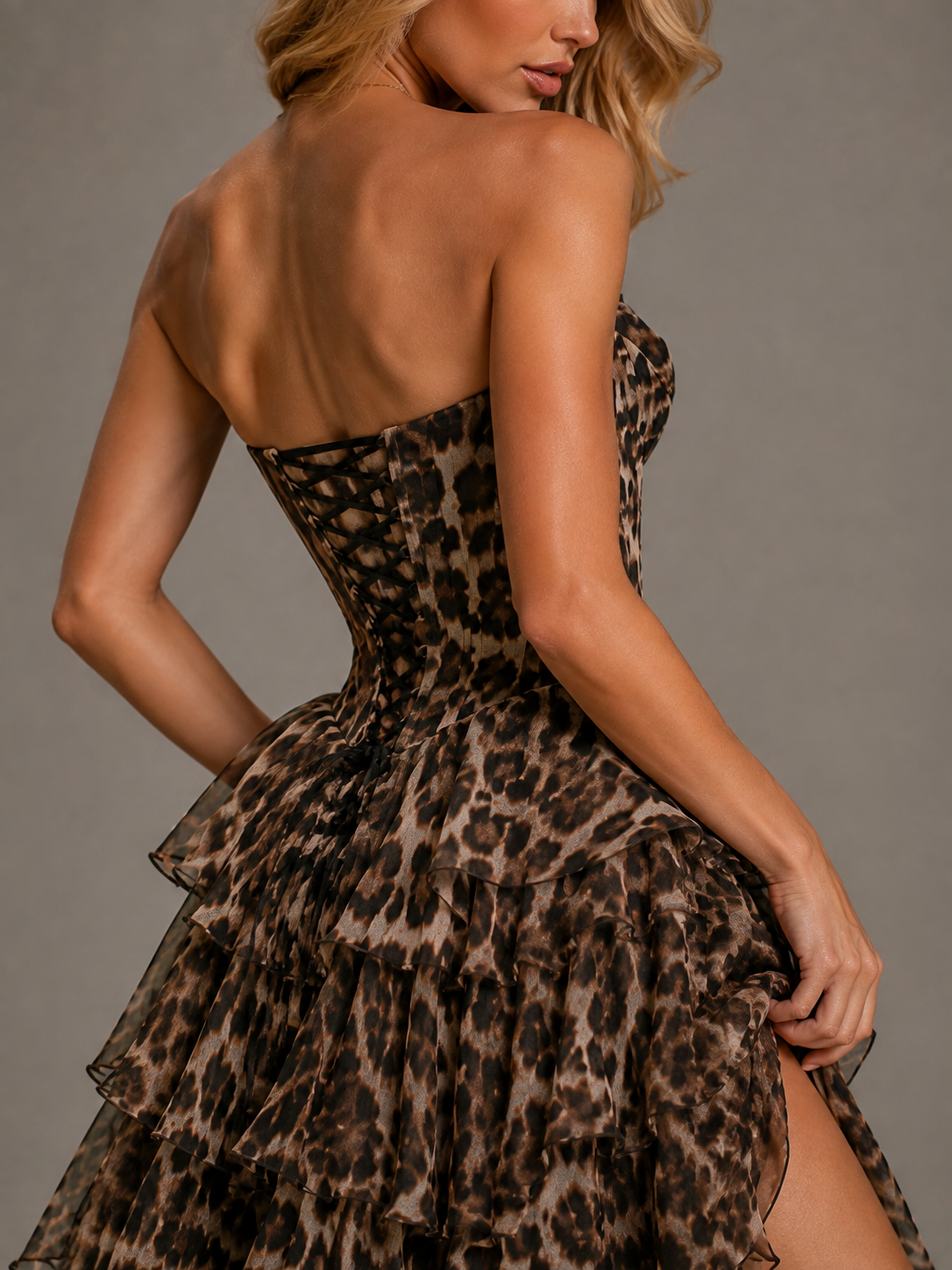 Leopard Print Tiered Ruffle Strapless Maxi Dress