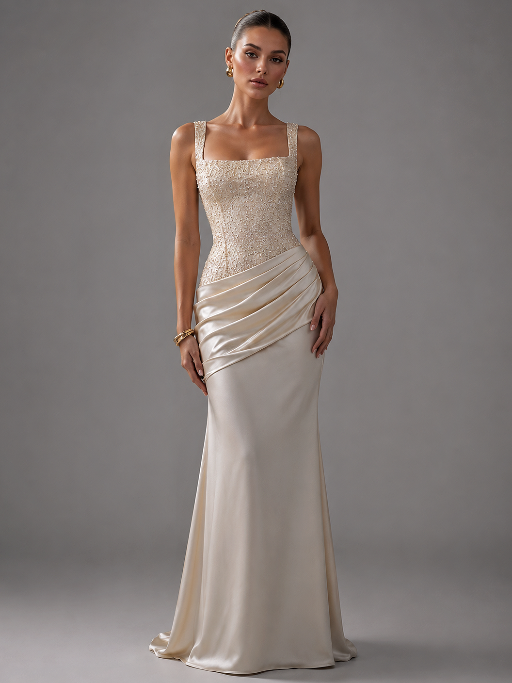 Champagne Square Neck Sequin Maxi Dress