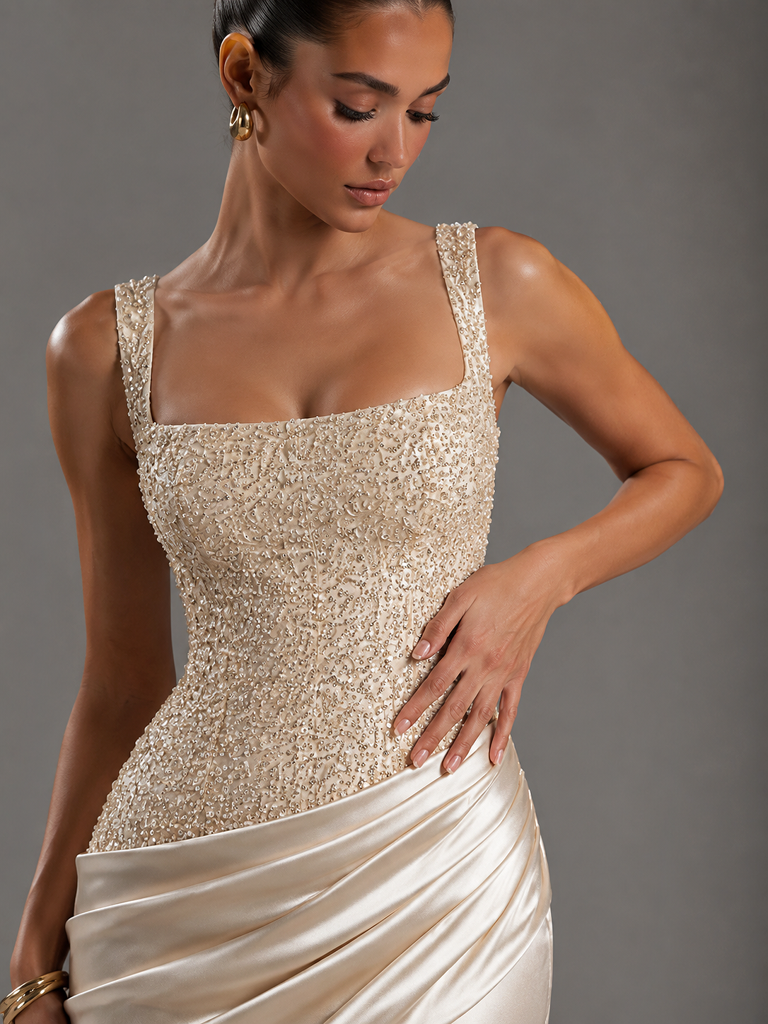 Champagne Square Neck Sequin Maxi Dress