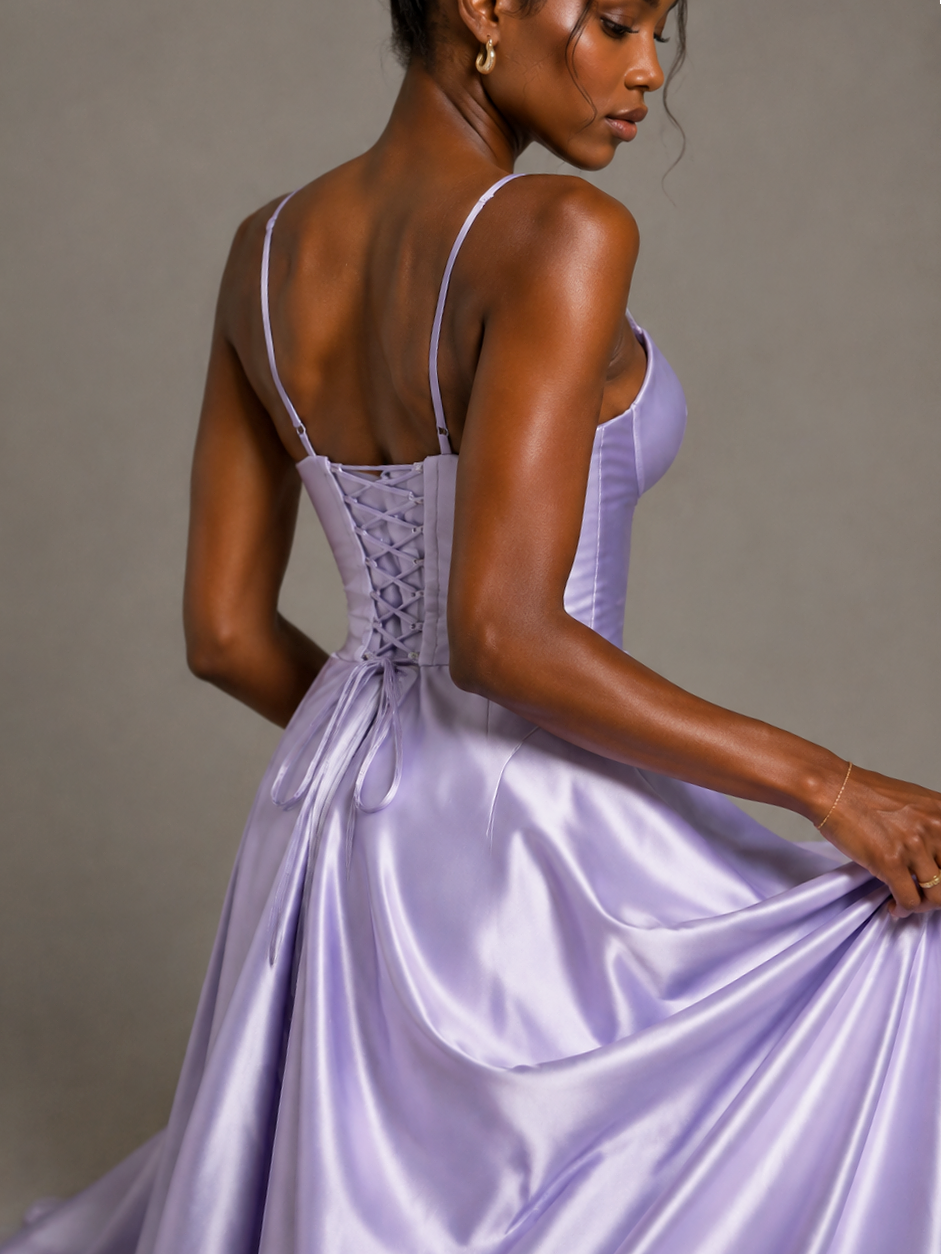 Lavender Satin Spaghetti Strap Maxi Dress