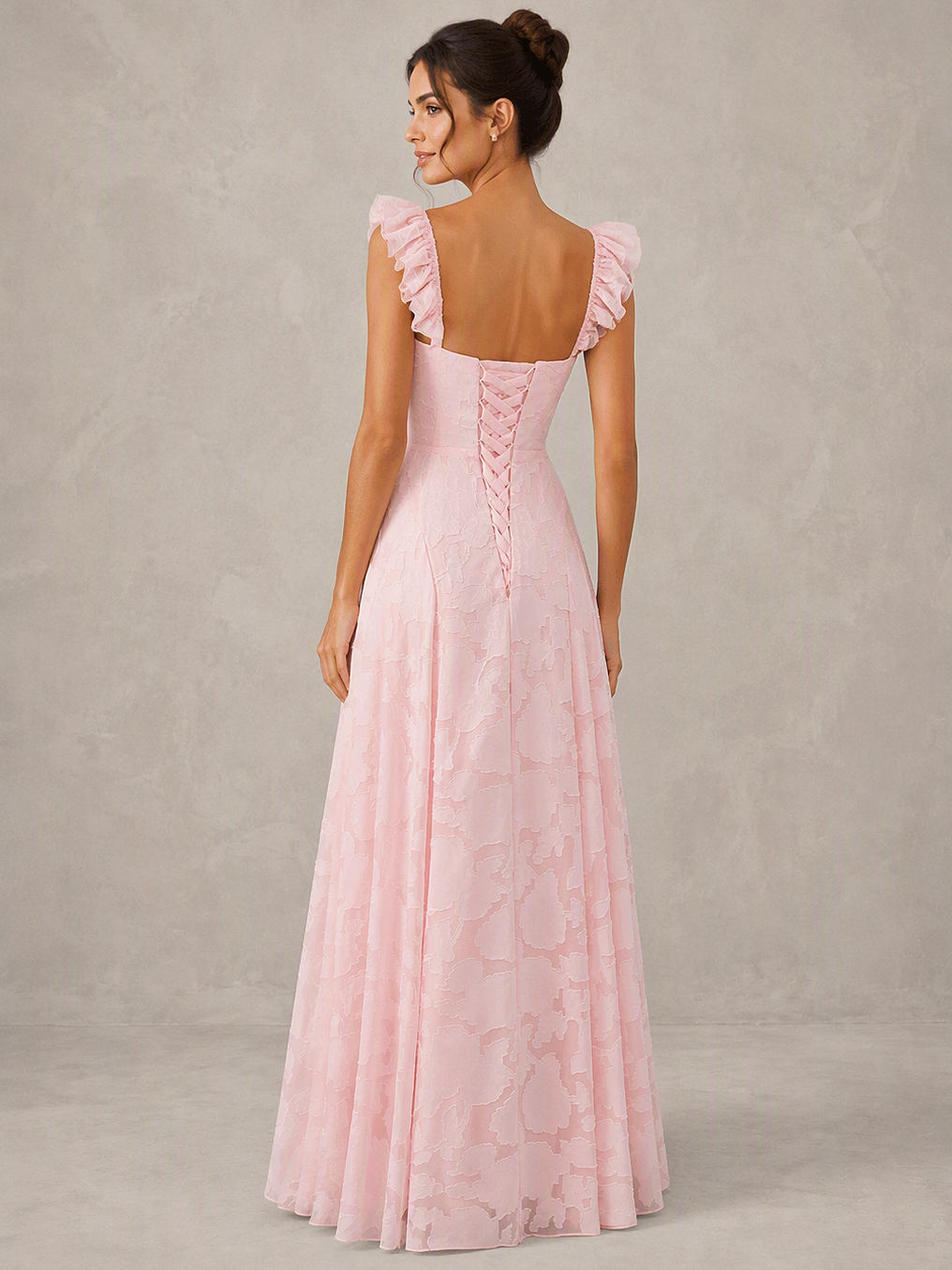 Pink Jacquard Square Neck A-Line Maxi Dress