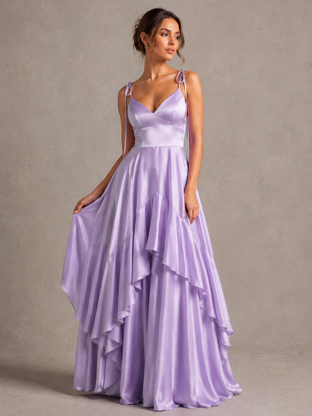 Lavender Satin V-Neck Ruffle Maxi Dress
