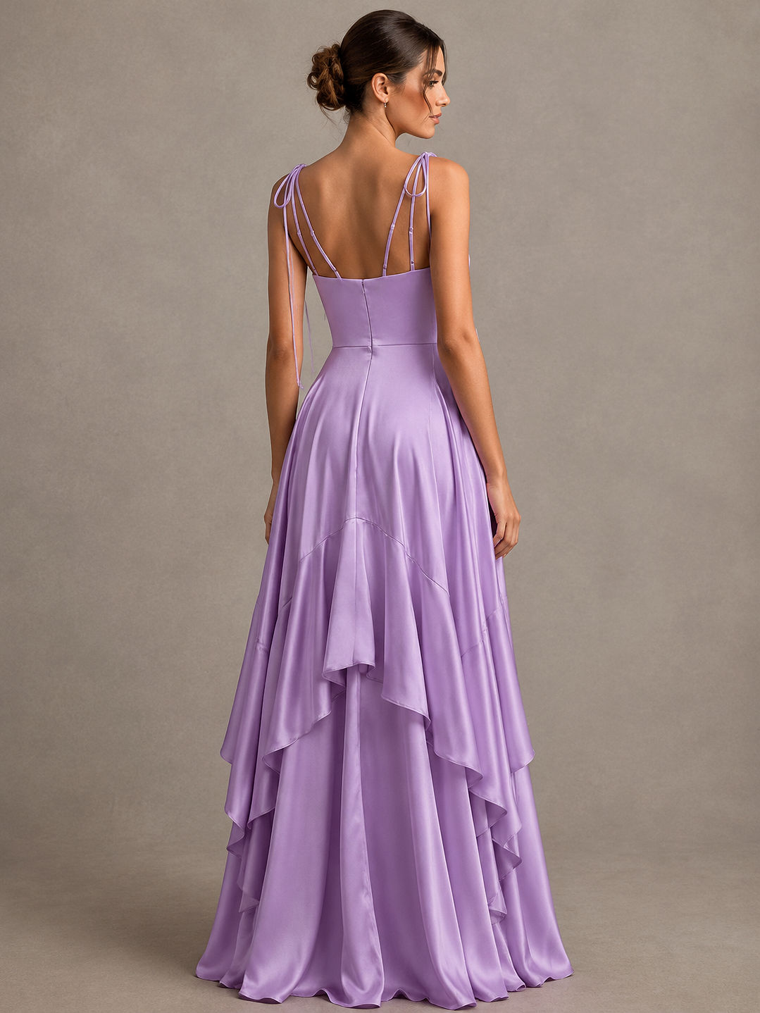 Lavender Satin V-Neck Ruffle Maxi Dress
